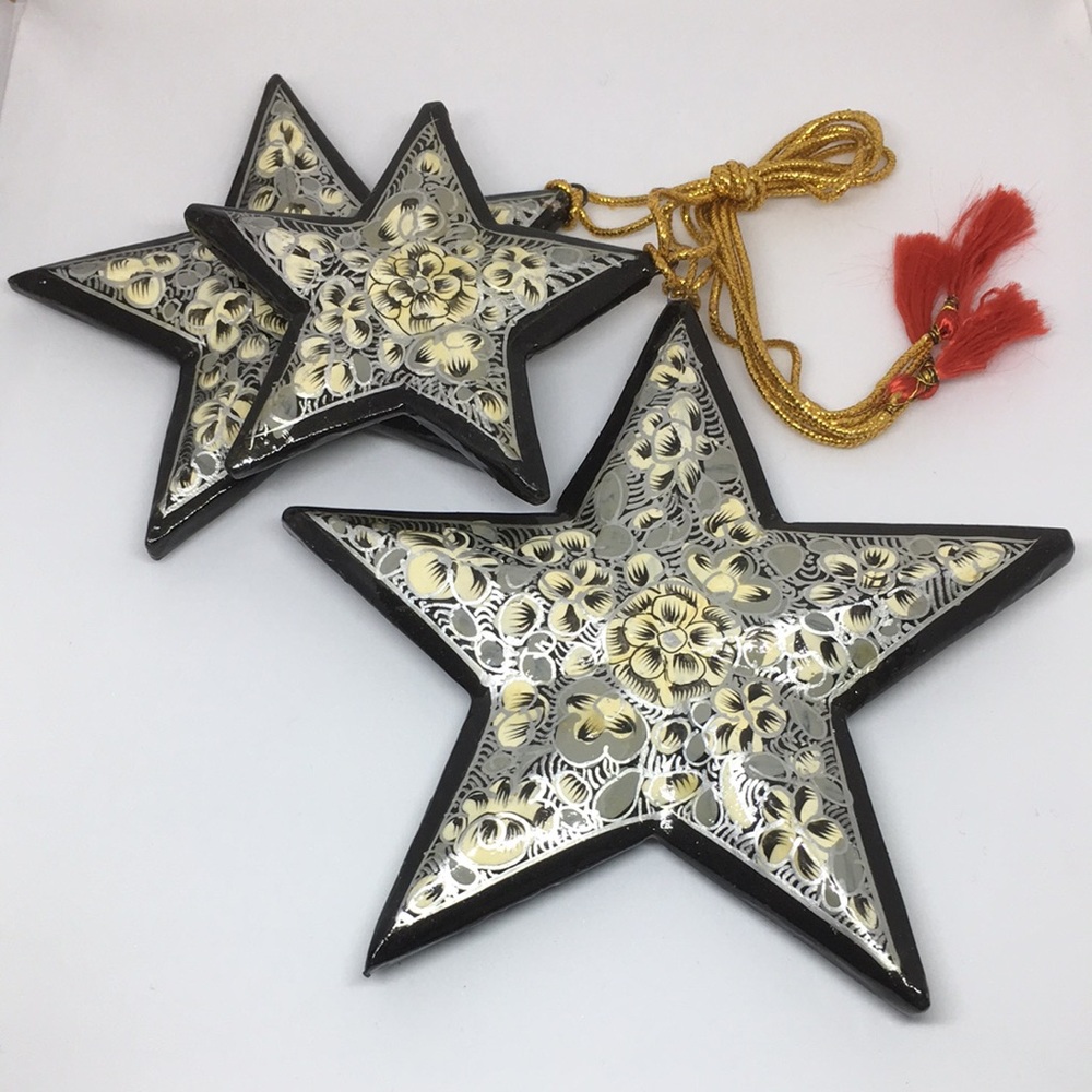Hand Painted Walnut Wood Set of 3 Star Holiday Ornaments Silver & Black Floral
